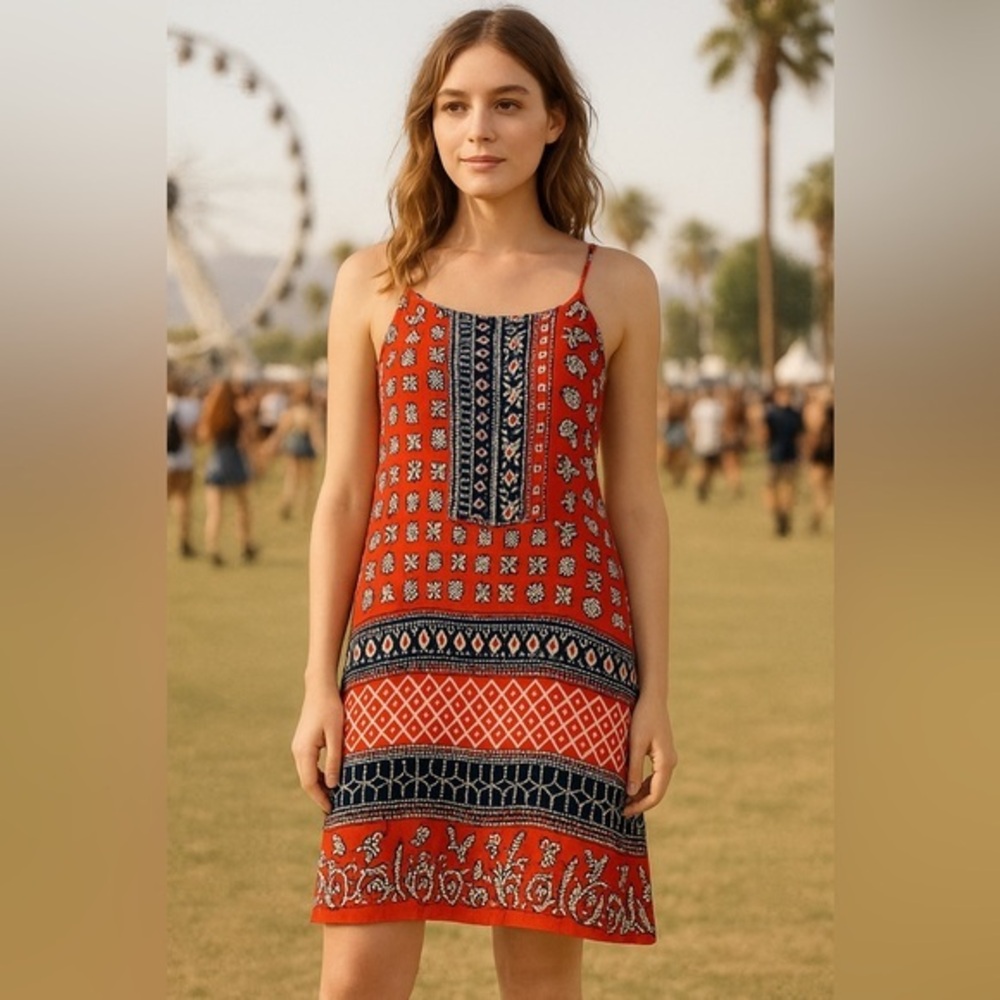 RAGA Red Blue White Print Mini Dress Criss Cross Back Boho NWT S #2419